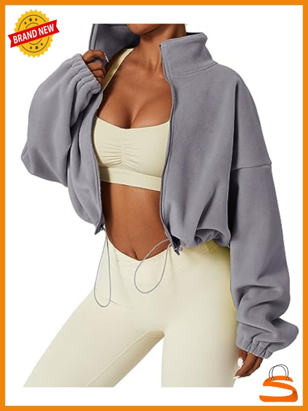 Polar Fleece Full Zip Oversized Sherpa Crop Jacket Stand Collar Drawstring